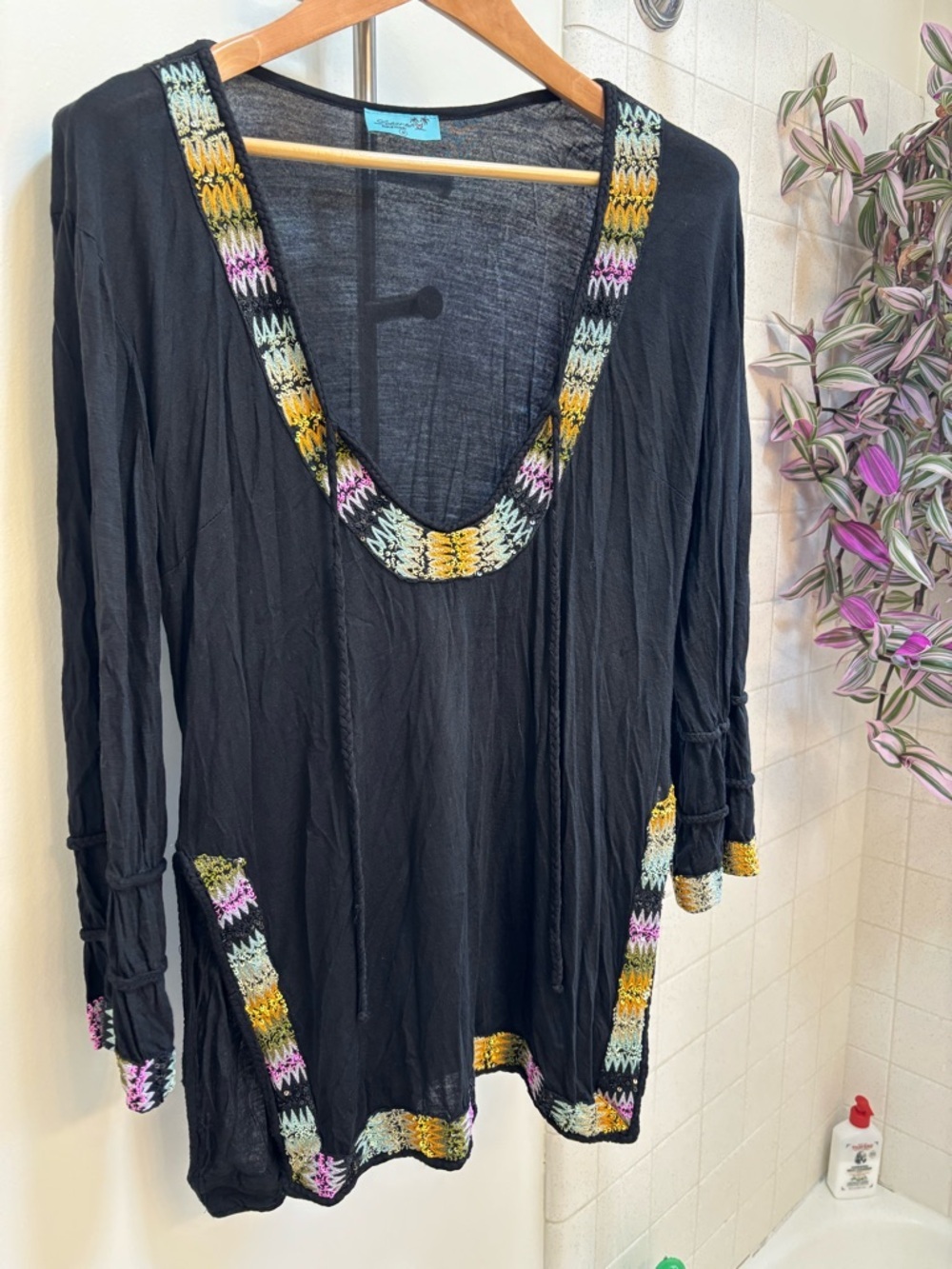 Letarte Black Tunic Size Medium Boho Resort Island Travel Swim Embroider Coverup